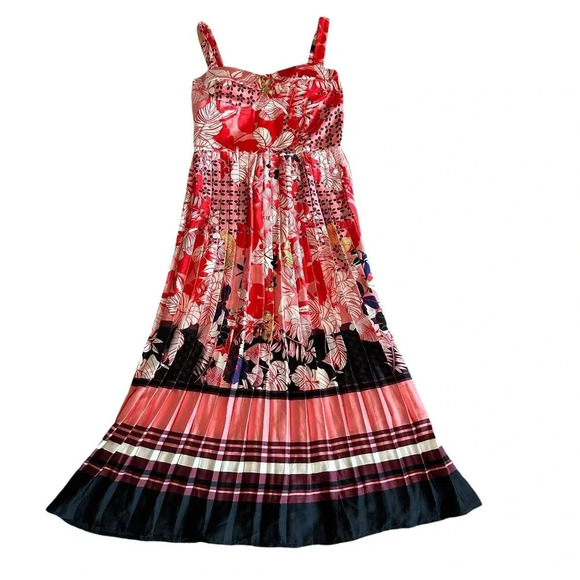 Dalia MacPhee Floral Pleated Printed Midi Dress Satin Sweetheart Size Medium - Picture 1 of 11
